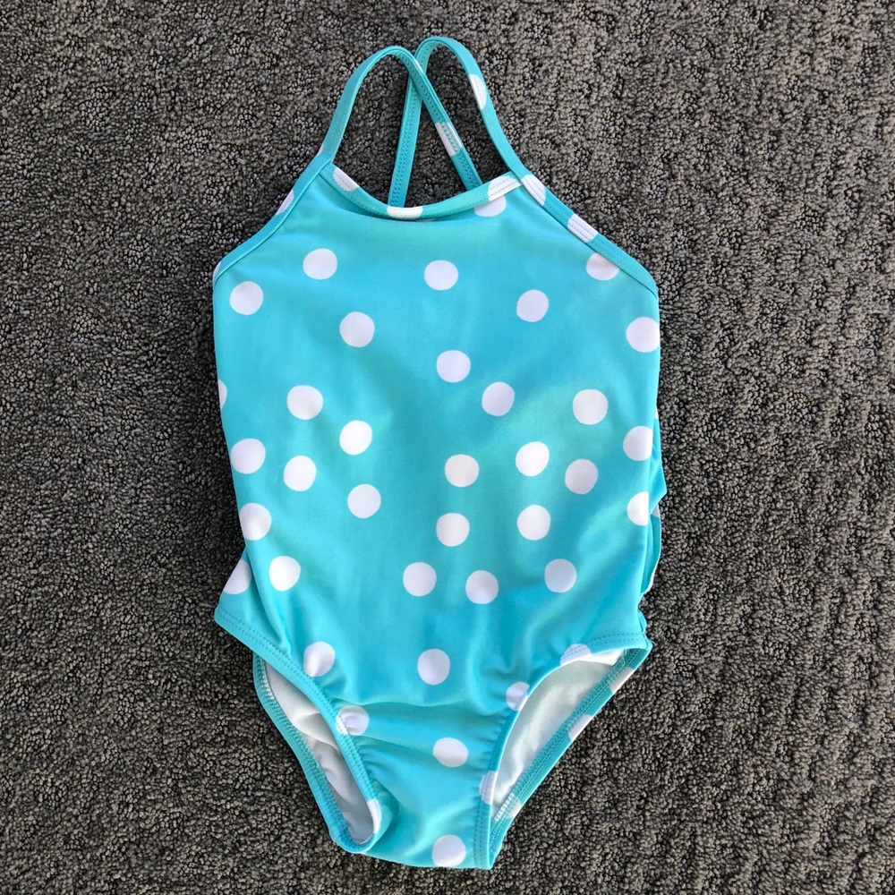 Aqua Blue & White Polka Dot Ruffle Back Swimsuit - 2T